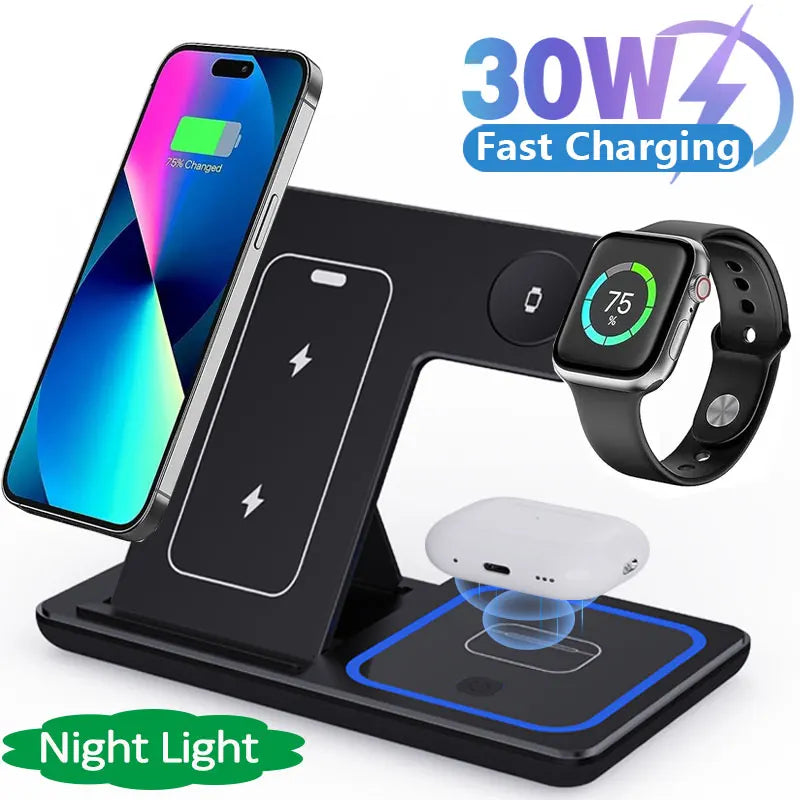 30W LED Fast Wireless Charger Stand 3 in 1 Foldable Charging Station for Iphone 17 16 15 14 13 12 11 Apple Watch 9 8 7 6 5 Airpods Pro 1 2