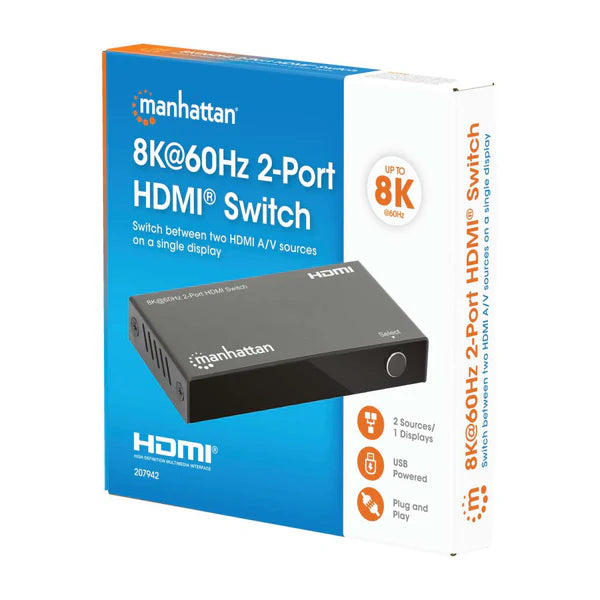 8K@60Hz 2-Port HDMI SwitchSwitches Between Two HDMI Inputs on One HDMI Output (2x1), 4K@120Hz, 48G