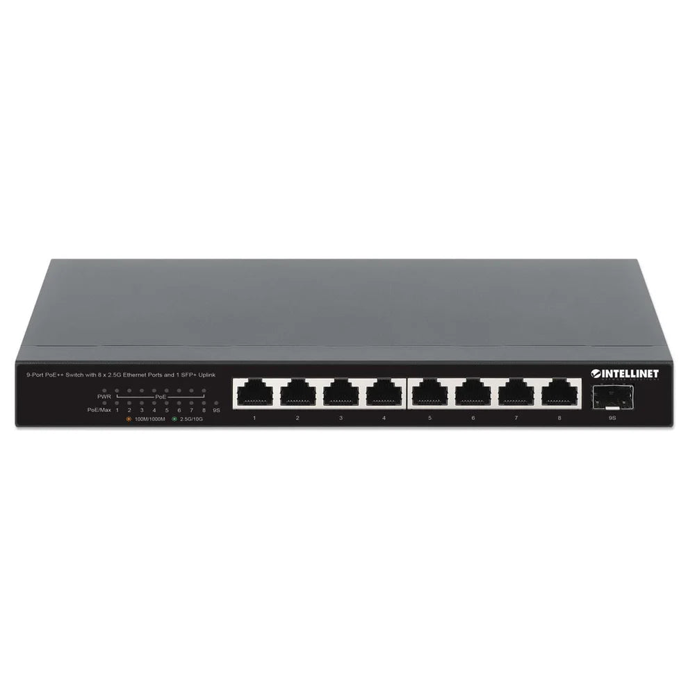 9-Port PoE++ Switch with 8 x 2.5G Ethernet Ports and 1 SFP+ UplinkIEEE 802.3bt (4PPoE) Compliant, Eight PSE PoE++ Ports (up to 60 W per port) with 10/100/1000/2500 Mbps, 100 W PoE Power Budget, One 10G SFP+ Open Slot