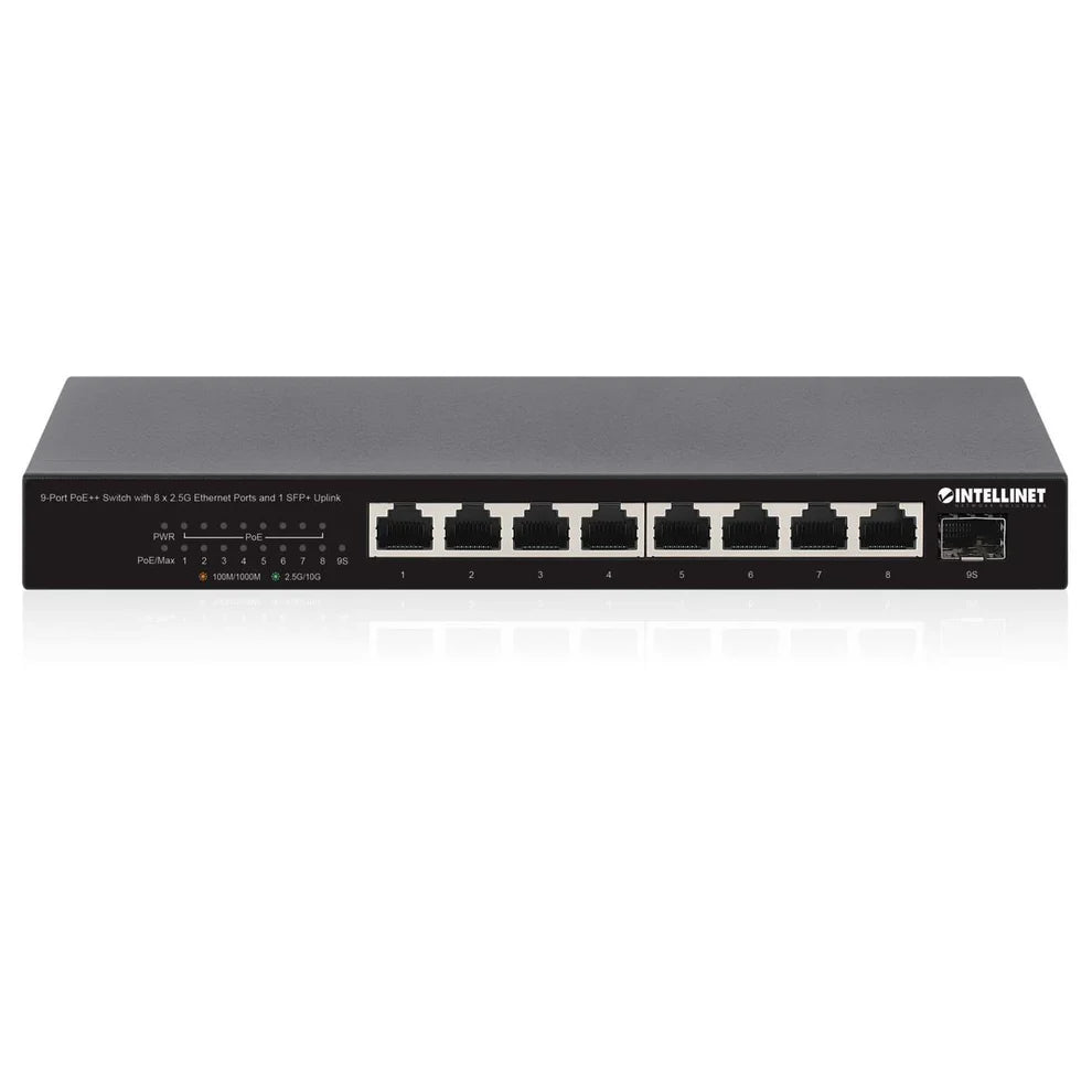 9-Port PoE++ Switch with 8 x 2.5G Ethernet Ports and 1 SFP+ UplinkIEEE 802.3bt (4PPoE) Compliant, Eight PSE PoE++ Ports (up to 60 W per port) with 10/100/1000/2500 Mbps, 100 W PoE Power Budget, One 10G SFP+ Open Slot