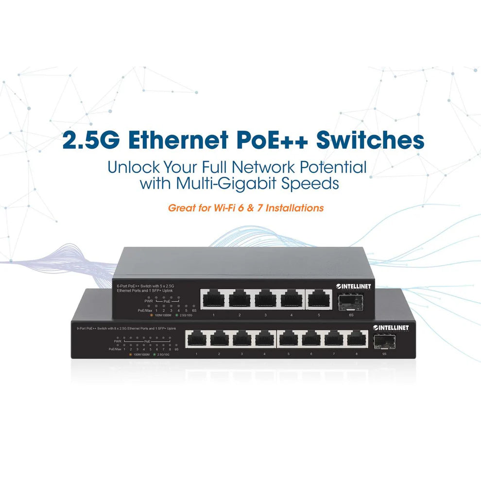 9-Port PoE++ Switch with 8 x 2.5G Ethernet Ports and 1 SFP+ UplinkIEEE 802.3bt (4PPoE) Compliant, Eight PSE PoE++ Ports (up to 60 W per port) with 10/100/1000/2500 Mbps, 100 W PoE Power Budget, One 10G SFP+ Open Slot