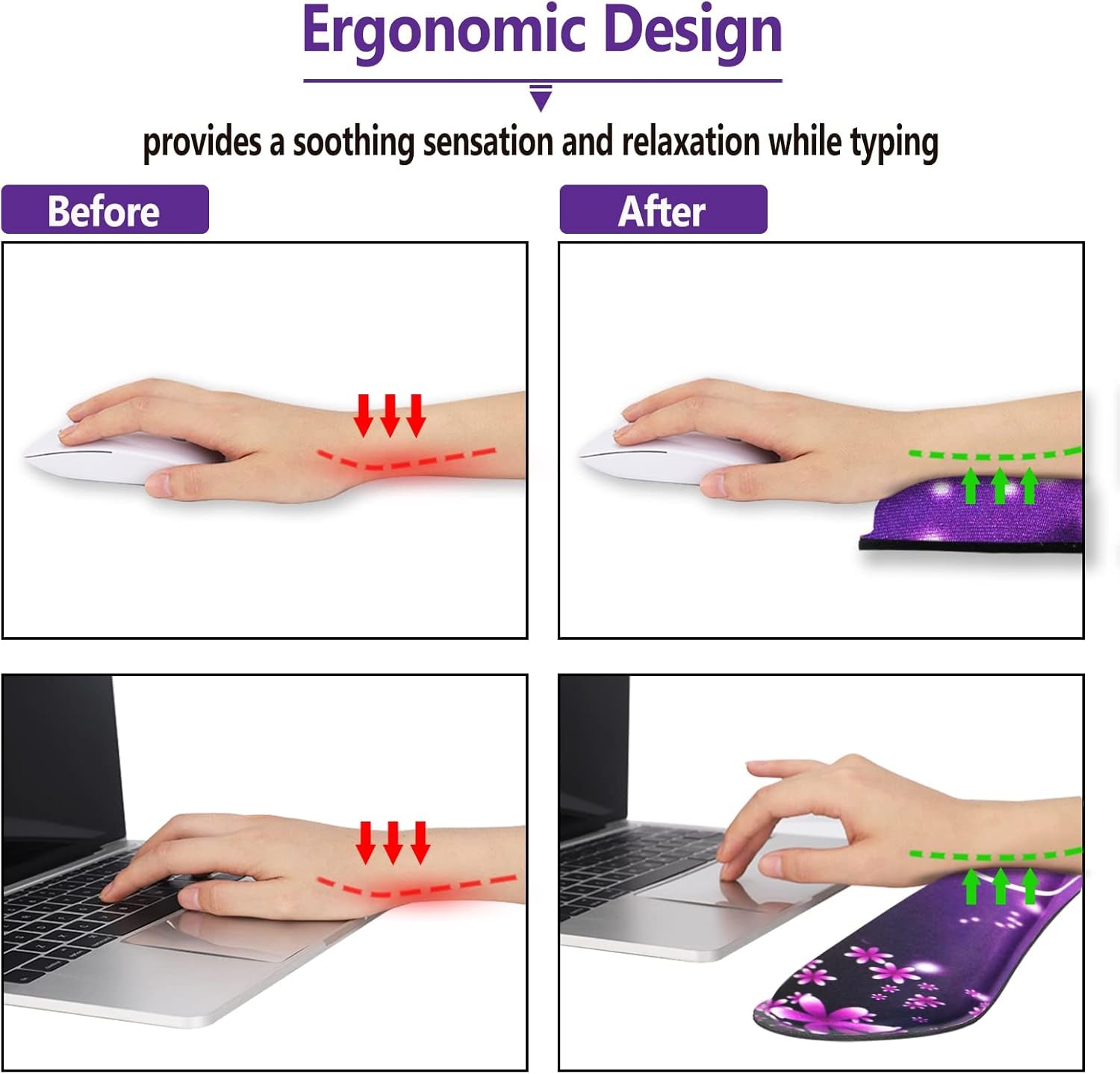 Keyboard Wrist Rest and Mouse Pad with Wrist Support Set Ergonomic Coaster, Memory Foam Mousepad Non-Slip Rubber Base Durable Comfortable for Easy Typing Pain Relief, Purple Heart Butterfly