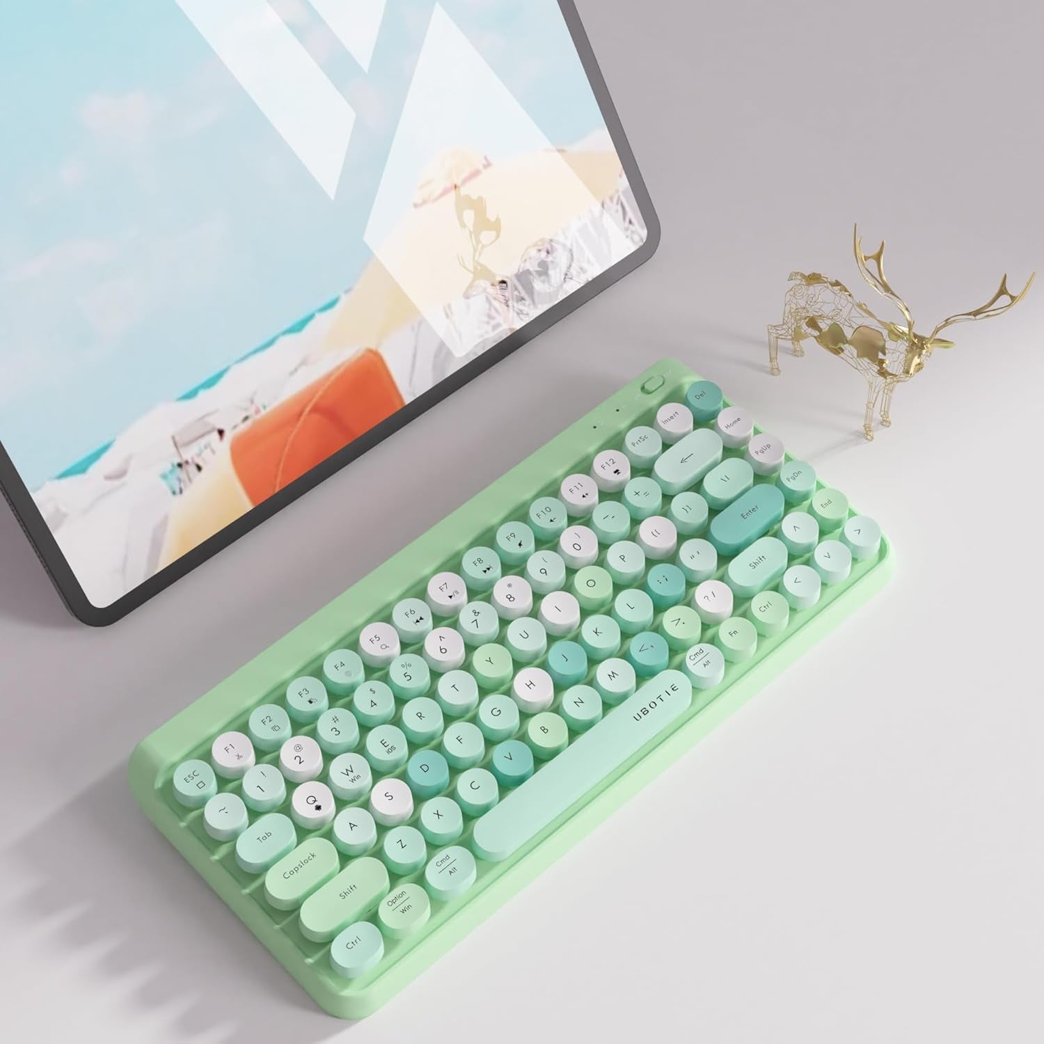 Portable Bluetooth Colorful Computer Keyboards, Wireless Mini Compact Retro Typewriter Flexible 84Keys Design Keyboard (Green-Colorful)