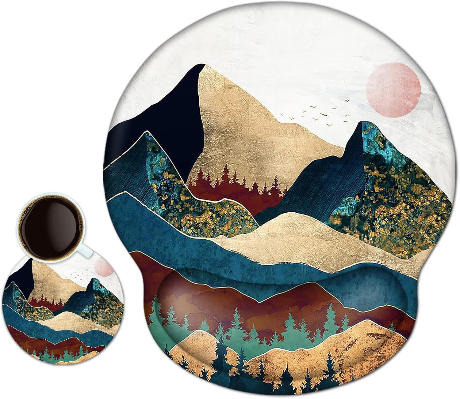 Ergonomic Mouse Pad with Wrist Rest Support, Memory Form Non-Slip Rubber Base Mousepad for Home, Office, Easy Typing & Pain Relief, Colorful Mountain