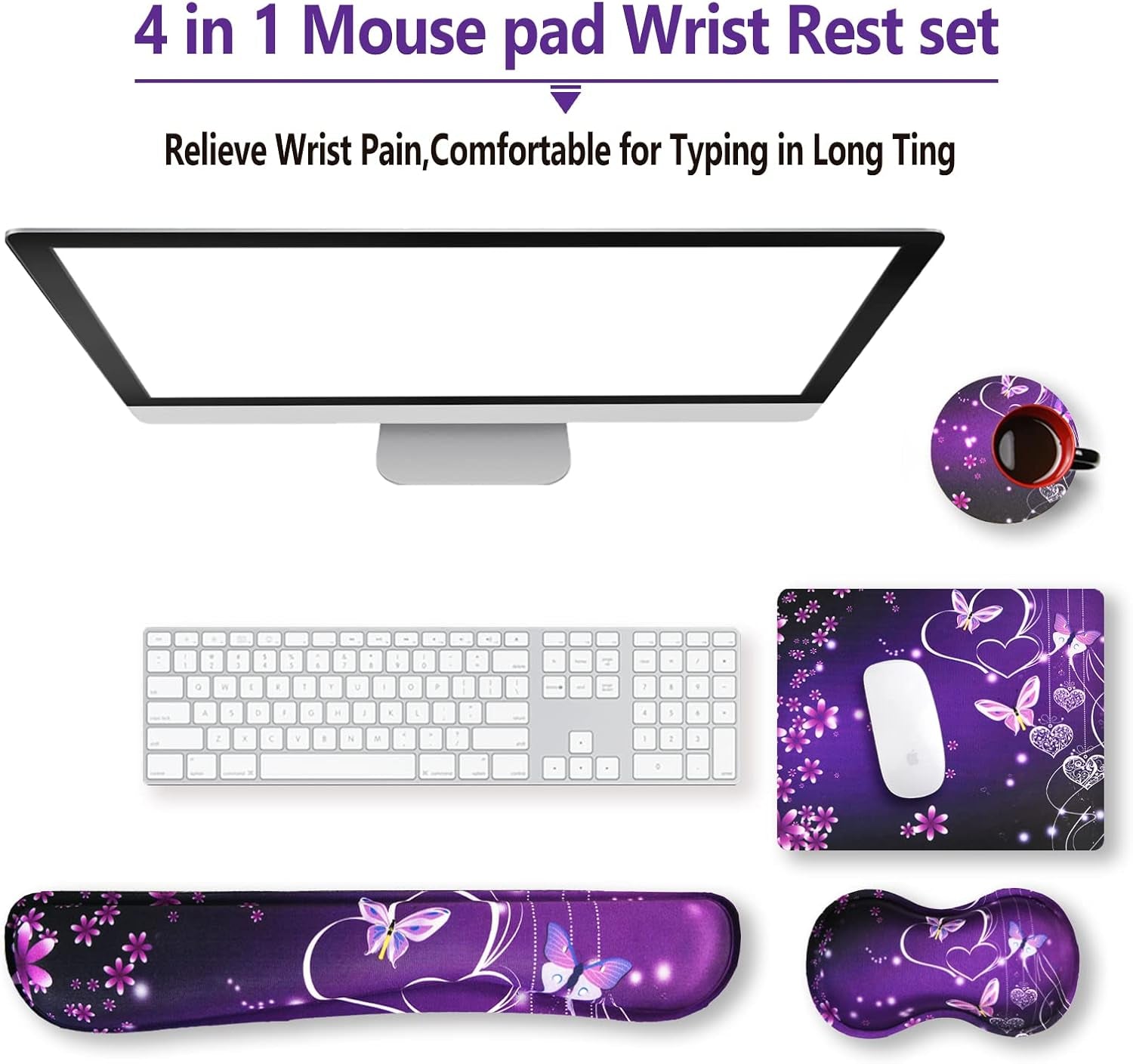Keyboard Wrist Rest and Mouse Pad with Wrist Support Set Ergonomic Coaster, Memory Foam Mousepad Non-Slip Rubber Base Durable Comfortable for Easy Typing Pain Relief, Purple Heart Butterfly