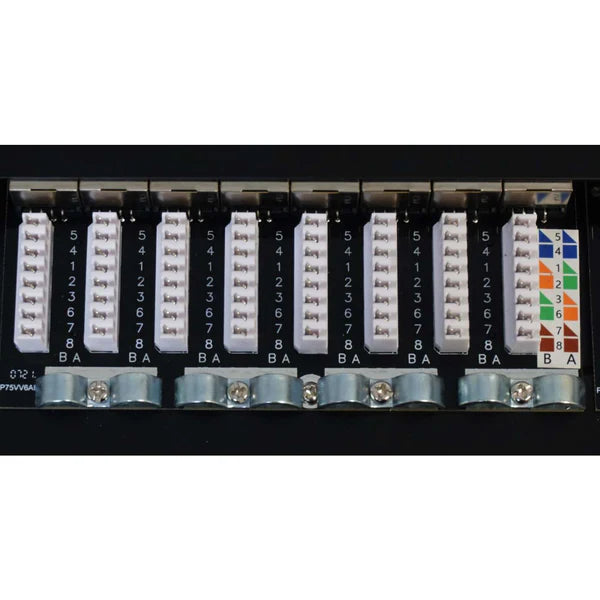 Cat6a Shielded Half-U Patch Panel
24-Port, FTP, 19", 0.5 U, 90° Top-Entry Punch-Down Blocks, Black