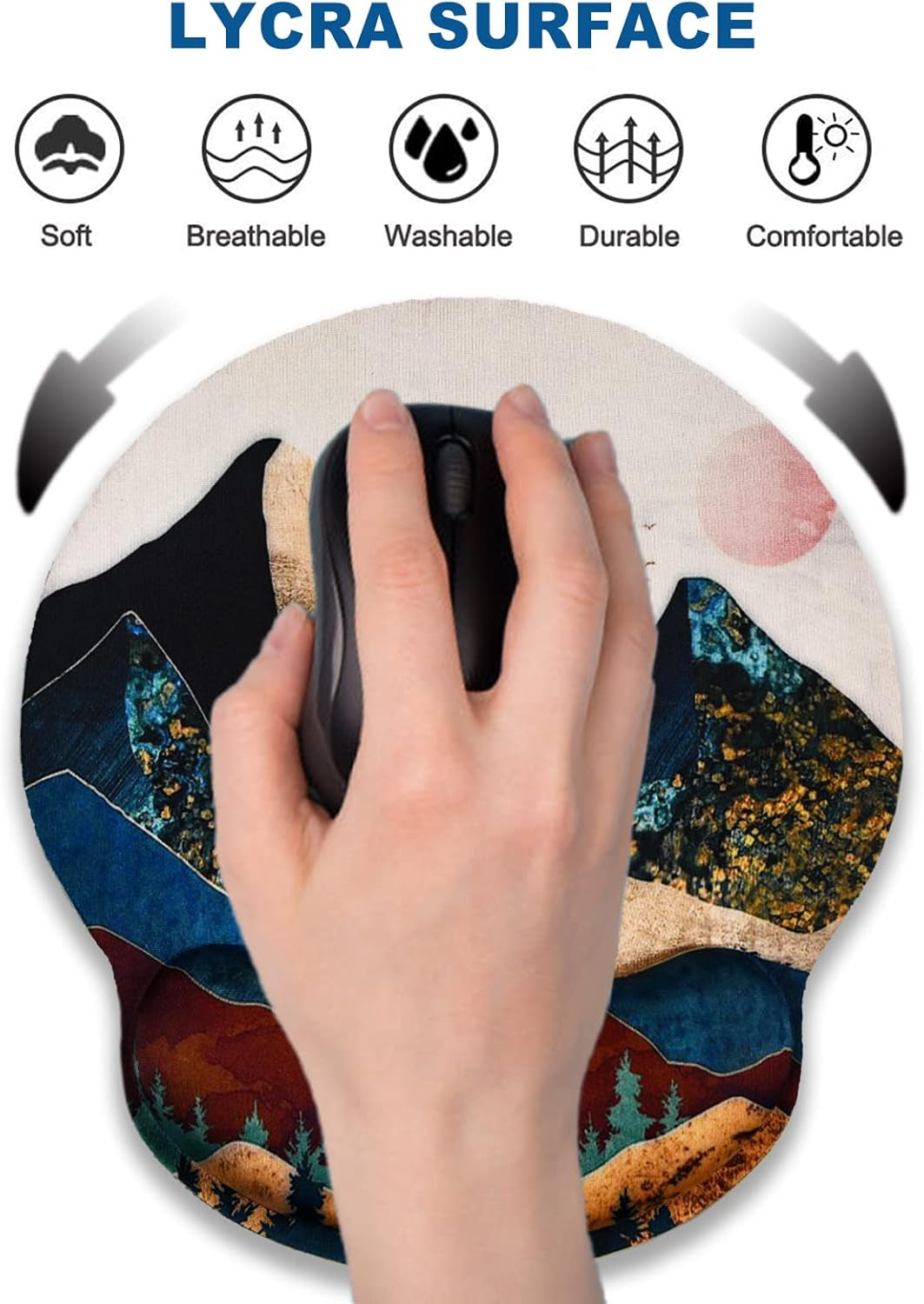 Ergonomic Mouse Pad with Wrist Rest Support, Memory Form Non-Slip Rubber Base Mousepad for Home, Office, Easy Typing & Pain Relief, Colorful Mountain