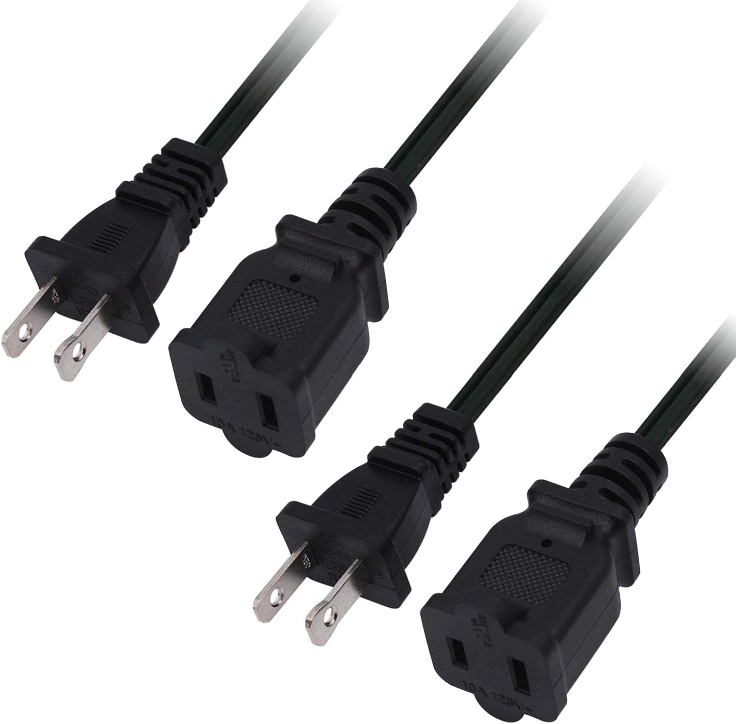 10 FT 2 Prong Extension Cord,Black Extension Cord 10 Ft Indoor or Outdoor, Male/Female Power Cable for NEMA 1-15P to NEMA 1-15R,Extension Cable 2 Pack