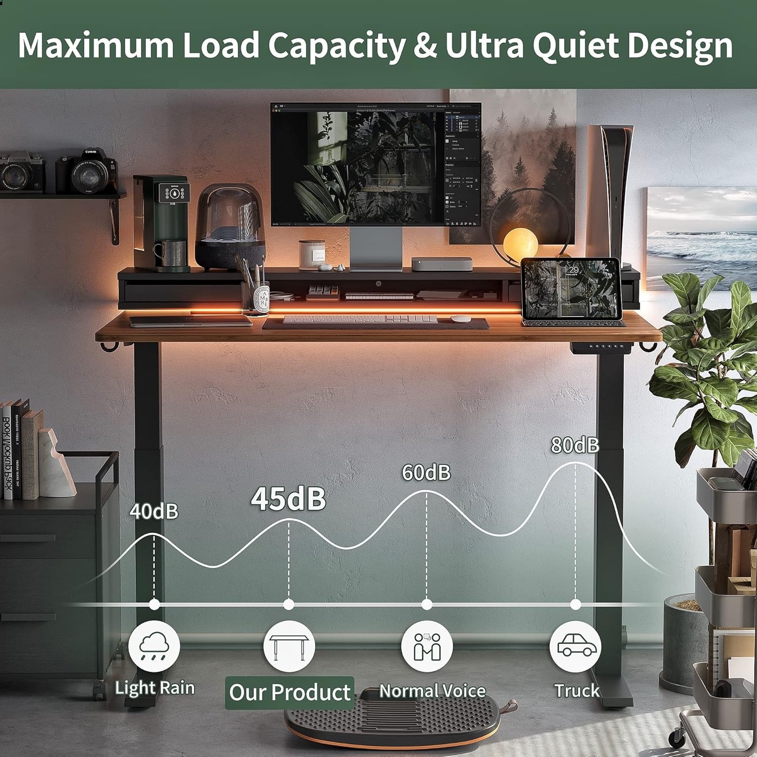 55 X 24 Inch Height Adjustable Electric Standing Desk with Double Drawers, Stand up Desk with LED Strips and Monitor Stand, Black Walnut