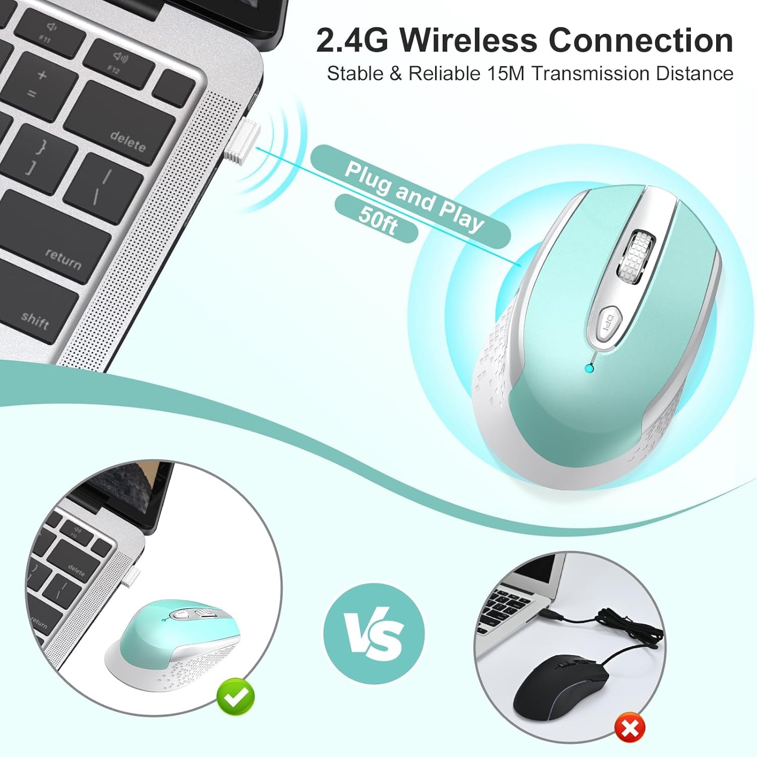 Wireless Mouse - 2.4G Silent Cordless for Laptop, Desktop, Macbook, PC - 6 Buttons, 3 Adjustable DPI