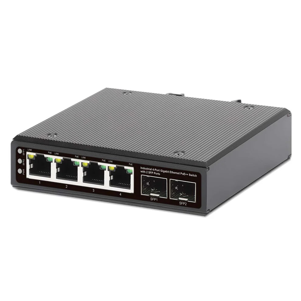 Industrial 4-Port Gigabit Ethernet PoE++ Switch with 2 SFP Ports
IEEE 802.3bt (4PPoE) Compliant, PoE Power Budget up to 240 W, Output up to 95 W per Port, IP40-Rated Metal Housing, DIN-Rail Mount