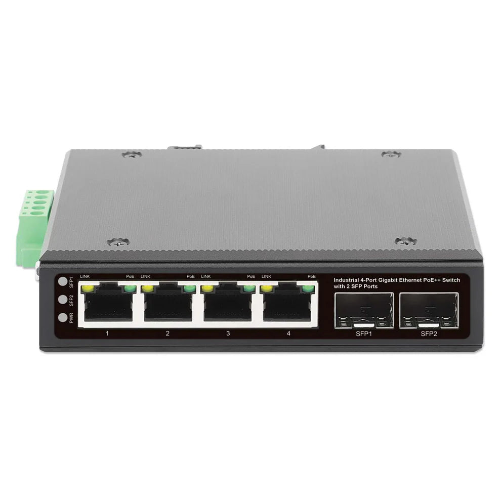 Industrial 4-Port Gigabit Ethernet PoE++ Switch with 2 SFP Ports
IEEE 802.3bt (4PPoE) Compliant, PoE Power Budget up to 240 W, Output up to 95 W per Port, IP40-Rated Metal Housing, DIN-Rail Mount
