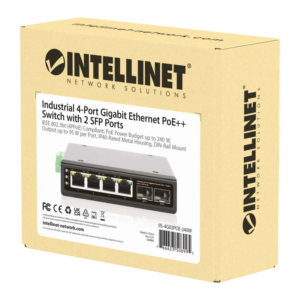 Industrial 4-Port Gigabit Ethernet PoE++ Switch with 2 SFP Ports
IEEE 802.3bt (4PPoE) Compliant, PoE Power Budget up to 240 W, Output up to 95 W per Port, IP40-Rated Metal Housing, DIN-Rail Mount