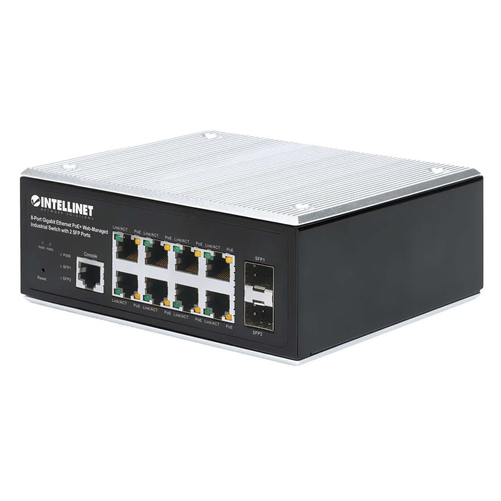 Industrial 8-Port Gigabit Ethernet PoE+ Layer 2+ Web-Managed Switch with 2 SFP PortsIEEE 802.3at/af (PoE+/PoE) Compliant, PoE Power Budget up to 240 W, Layer 2+/Layer 3 Lite, IP30-Rated Metal Housing