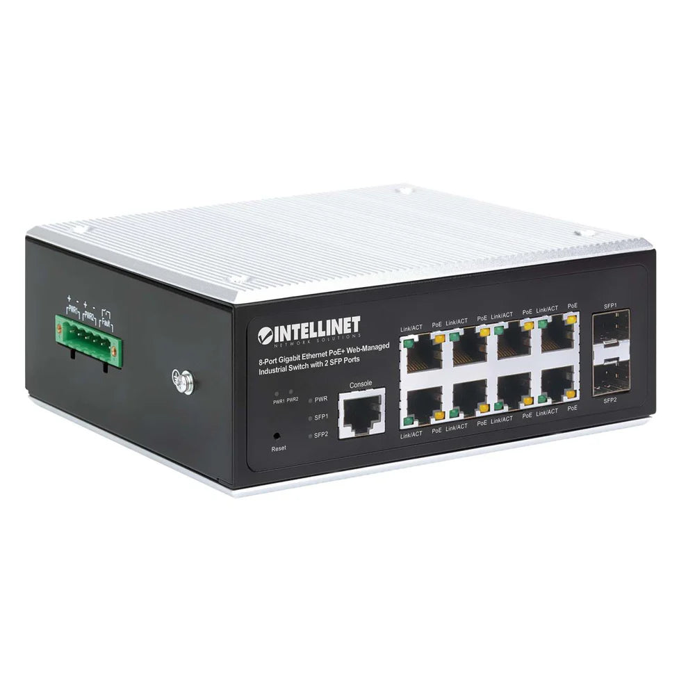 Industrial 8-Port Gigabit Ethernet PoE+ Layer 2+ Web-Managed Switch with 2 SFP PortsIEEE 802.3at/af (PoE+/PoE) Compliant, PoE Power Budget up to 240 W, Layer 2+/Layer 3 Lite, IP30-Rated Metal Housing