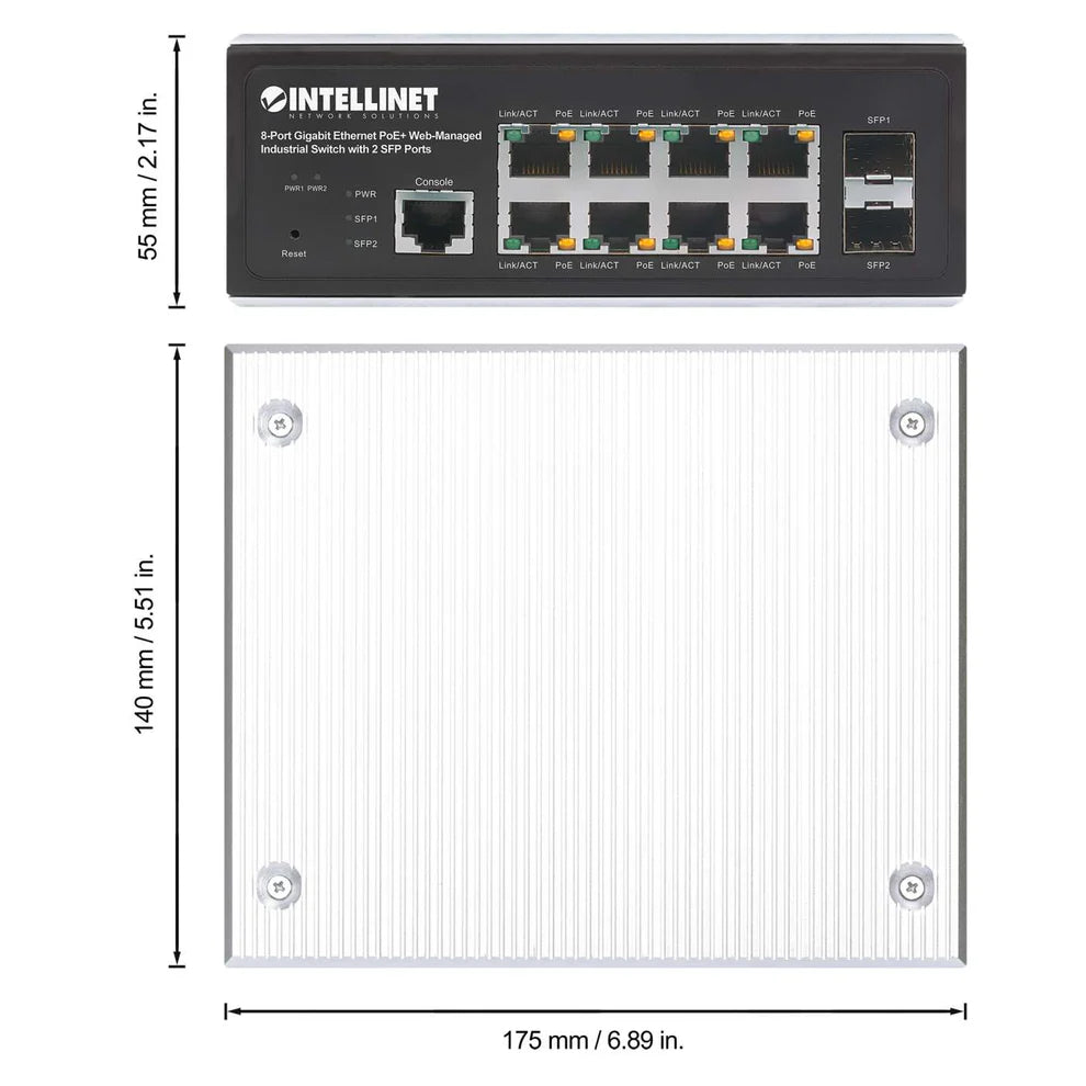 Industrial 8-Port Gigabit Ethernet PoE+ Layer 2+ Web-Managed Switch with 2 SFP PortsIEEE 802.3at/af (PoE+/PoE) Compliant, PoE Power Budget up to 240 W, Layer 2+/Layer 3 Lite, IP30-Rated Metal Housing