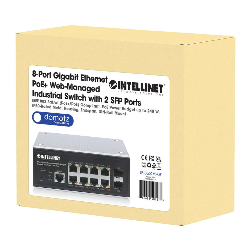 Industrial 8-Port Gigabit Ethernet PoE+ Layer 2+ Web-Managed Switch with 2 SFP PortsIEEE 802.3at/af (PoE+/PoE) Compliant, PoE Power Budget up to 240 W, Layer 2+/Layer 3 Lite, IP30-Rated Metal Housing