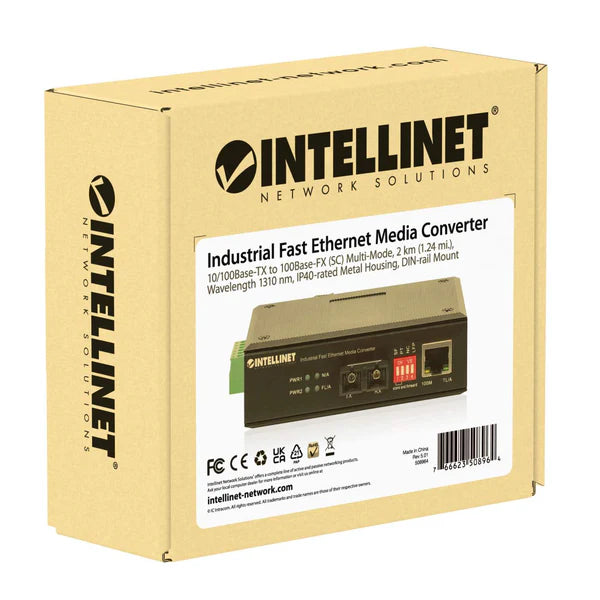 Industrial Fast Ethernet Media Converter
10/100Base-TX to 100Base-FX (SC) Multi-Mode, 2 km (1.24 mi.), Wavelength 1310 nm, IP40-rated Metal Housing, DIN-rail Mount