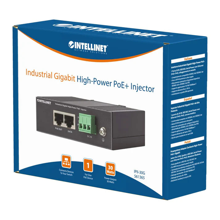 Industrial Gigabit High-Power PoE+ Injector1 x 30 W Port, IEEE 802.3at/af
