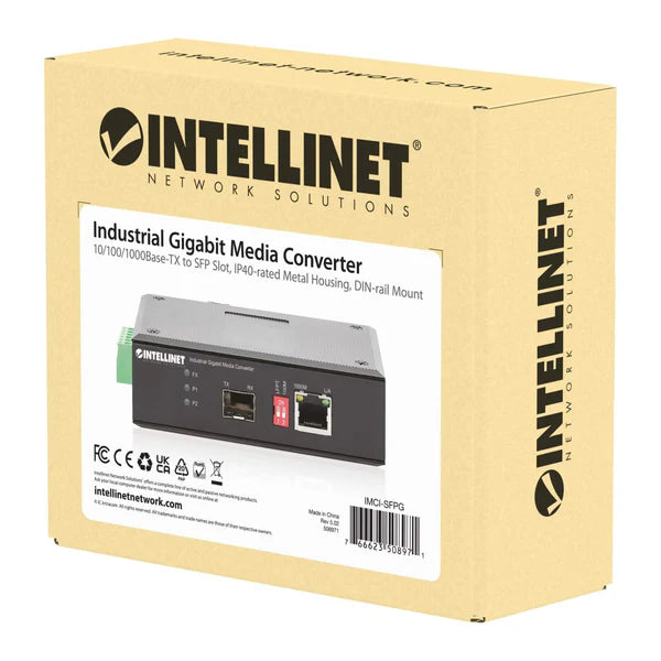 Industrial Gigabit Media Converter
10/100/1000Base-TX to SFP Slot, IP40-rated Metal Housing, DIN-rail Mount
