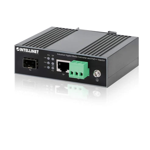 Industrial Gigabit Media Converter and PoE++ Injector
10/100/1000Base-TX to SFP Slot, PoE Injector Function, 90 W, IEEE 802.3bt (4PPoE) Compliant, IP30-rated Metal Housing, DIN-rail Mount