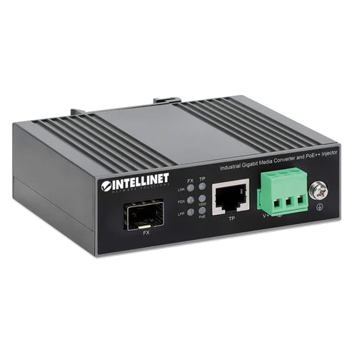 Industrial Gigabit Media Converter and PoE++ Injector
10/100/1000Base-TX to SFP Slot, PoE Injector Function, 90 W, IEEE 802.3bt (4PPoE) Compliant, IP30-rated Metal Housing, DIN-rail Mount