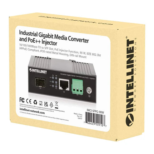 Industrial Gigabit Media Converter and PoE++ Injector
10/100/1000Base-TX to SFP Slot, PoE Injector Function, 90 W, IEEE 802.3bt (4PPoE) Compliant, IP30-rated Metal Housing, DIN-rail Mount