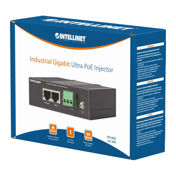 Industrial Gigabit Ultra PoE Injector
1 x 60 W Port, IEEE 802.3bt/at/af Power over Ethernet (Ultra POE/PoE+/PoE), Metal Housing