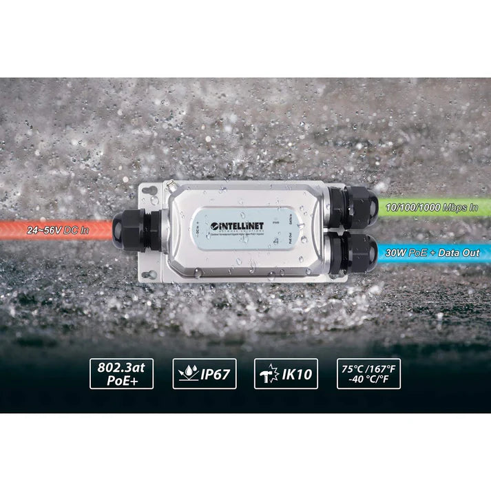 Outdoor Vandalproof Gigabit High-Power PoE+ Injector
One 30 W Port, IEEE 802.3at/af Compliant, IP67 Waterproof, IK10 Vandal-proof, Metal Housing