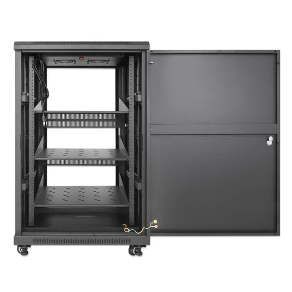 Pro Line Network Cabinet with Integrated Fans, 18U
23.6 in. (600 mm) Depth and Width, Roof-mounted Two-fan Ventilation Unit with Thermostat, Assembled, Black RAL 9004