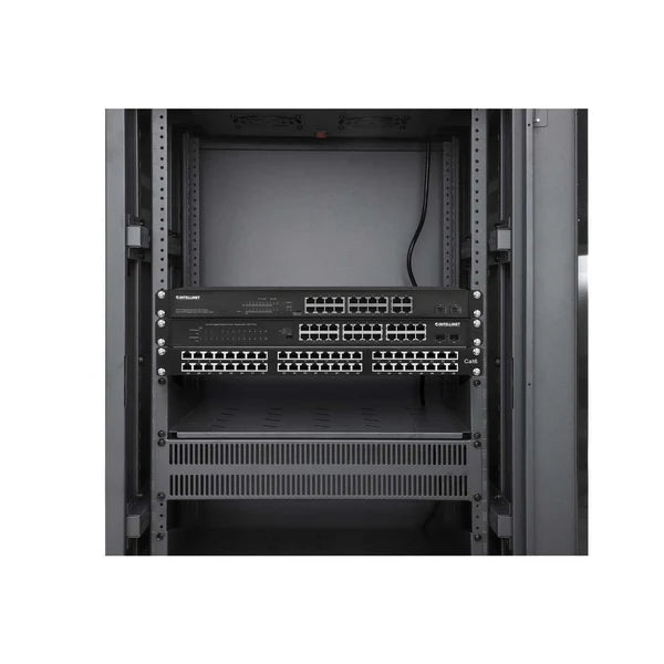 Pro Line Network Cabinet with Integrated Fans, 18U
23.6 in. (600 mm) Depth and Width, Roof-mounted Two-fan Ventilation Unit with Thermostat, Assembled, Black RAL 9004