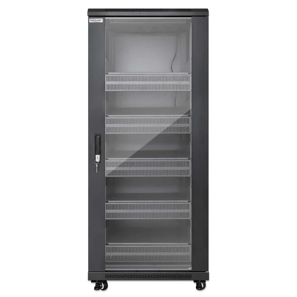 Pro Line Network Cabinet with Integrated Fans, 27U
23.6 in. (600 mm) Depth and Width, Roof-mounted Two-fan Ventilation Unit with Thermostat, Assembled, Black RAL 9004