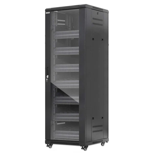 Pro Line Network Cabinet with Integrated Fans, 38U
23.6 in. (600 mm) Depth and Width, Roof-mounted Two-fan Ventilation Unit with Thermostat, Assembled, Black RAL 9004