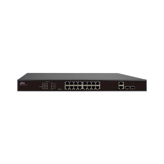 UNV 16 Port PoE+ Switch Unmanaged with 2 Gigabit-Rated Uplink Ports and Surveillance Mode for Laying Cable Runs up to 820 Feet